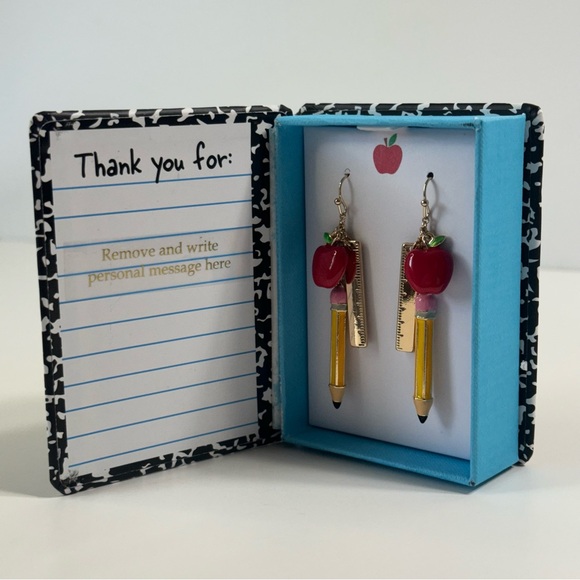 Betsey Johnson Back to School NotebkGold Tone Ruler Pencil W/Apple Earrings NIB - Picture 10 of 15